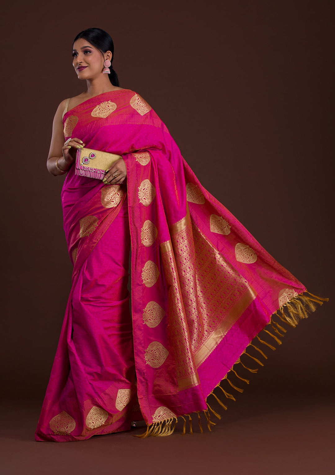 Rani Pink Zariwork Art Silk Saree-Koskii