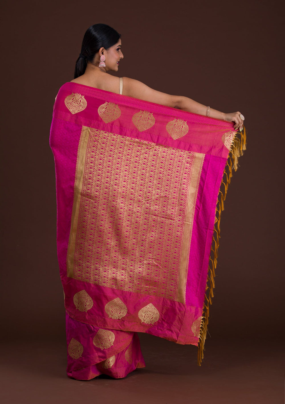 Rani Pink Zariwork Art Silk Saree-Koskii