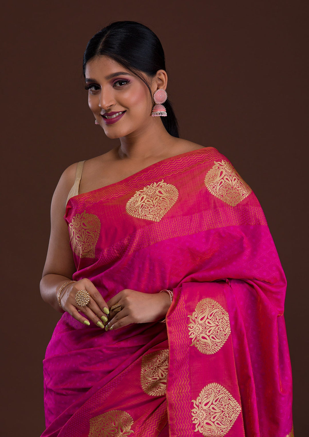 Rani Pink Zariwork Art Silk Saree-Koskii