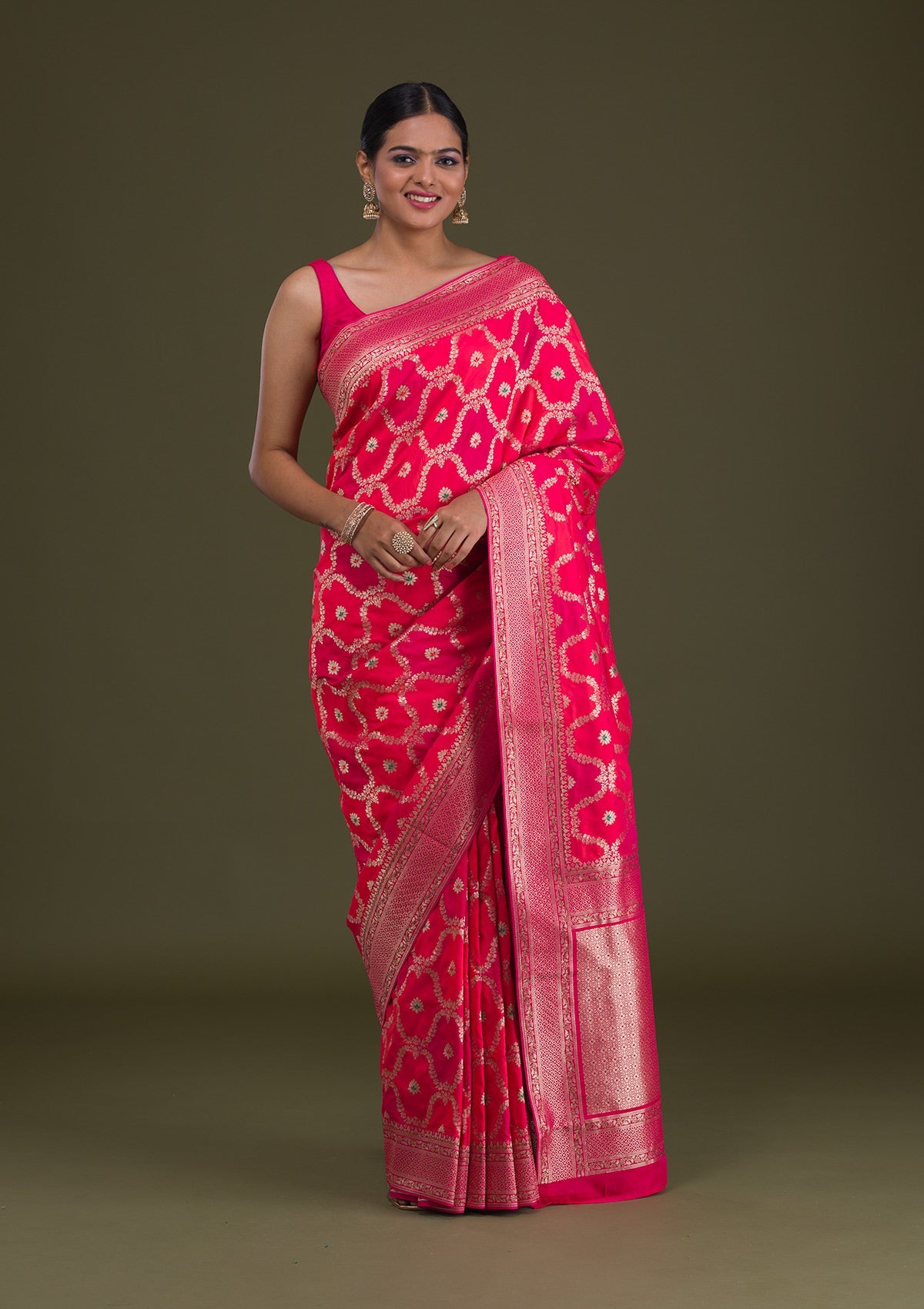 Rani Pink Zariwork Art Silk Saree-Koskii