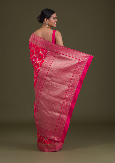 Rani Pink Zariwork Art Silk Unstitched Saree-Koskii