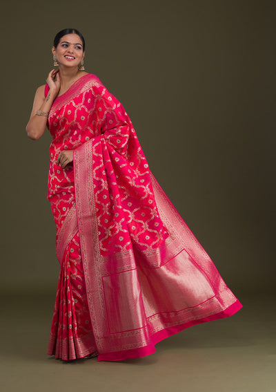 Rani Pink Zariwork Art Silk Unstitched Saree-Koskii