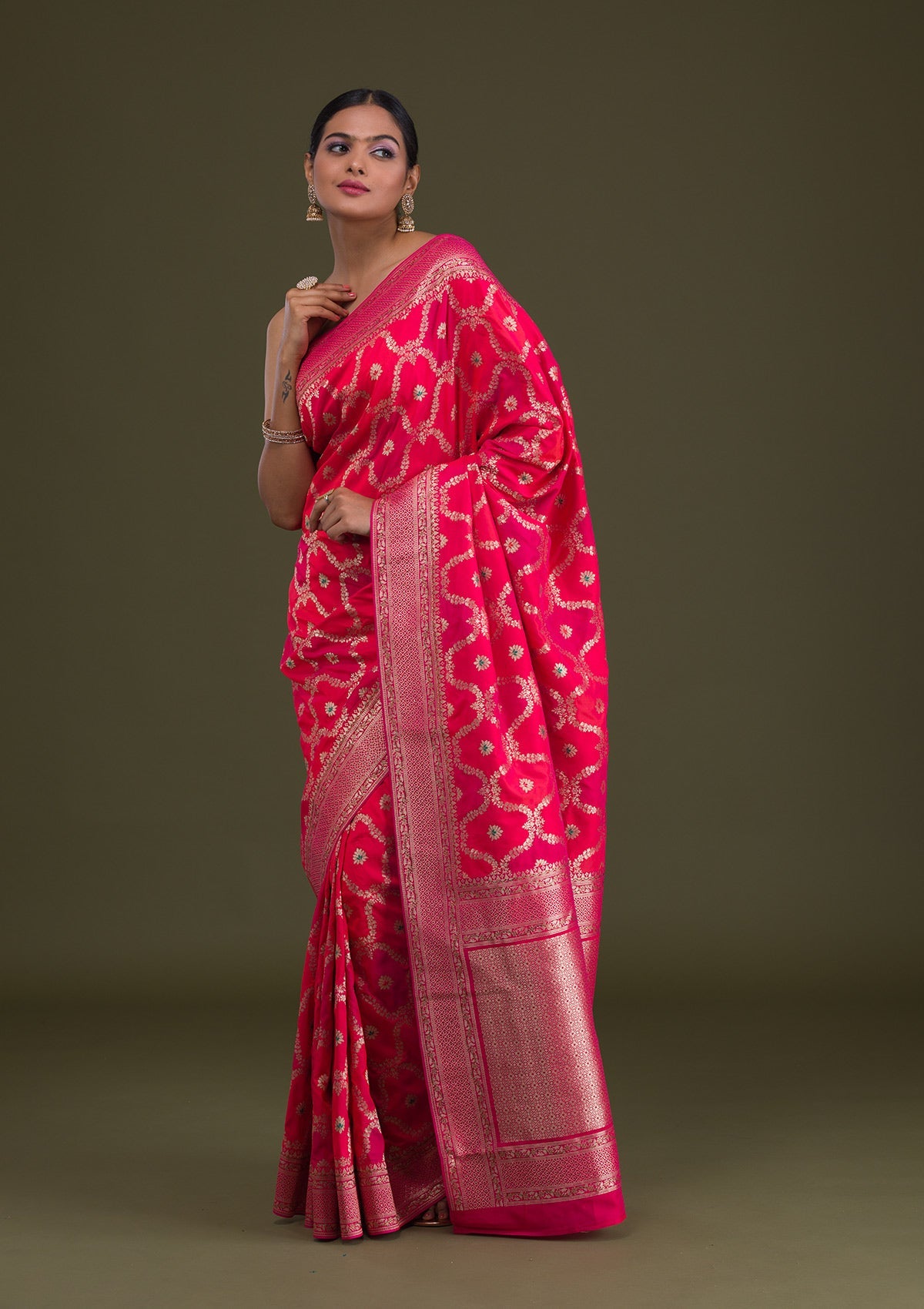 Rani Pink Zariwork Art Silk Unstitched Saree-Koskii