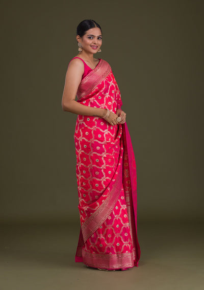 Rani Pink Zariwork Art Silk Unstitched Saree-Koskii
