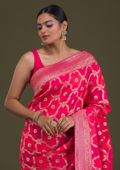 Rani Pink Zariwork Art Silk Unstitched Saree-Koskii