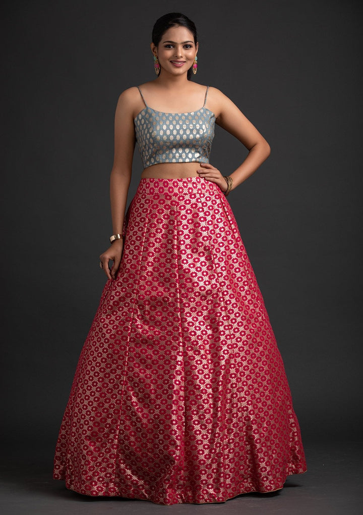 Rani Pink Zariwork Banarasi Designer Skirt - koskii