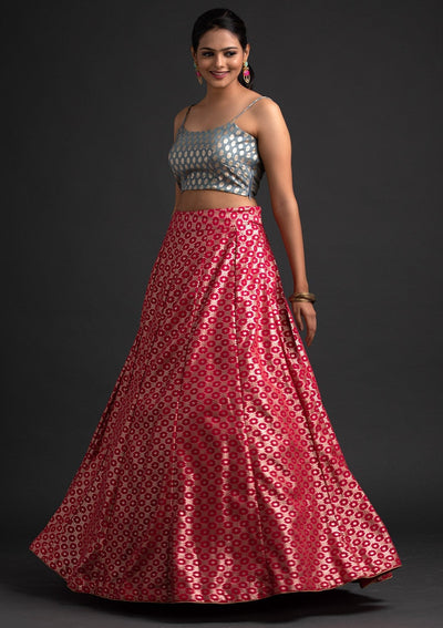 Rani Pink Zariwork Banarasi Designer Skirt - koskii