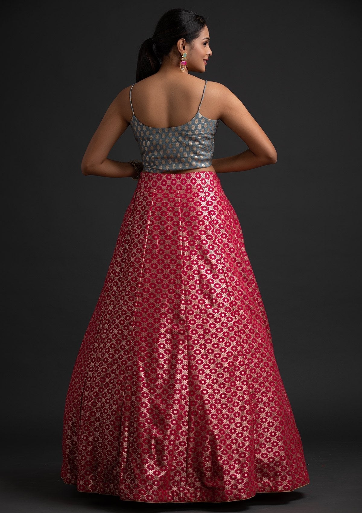 Rani Pink Zariwork Banarasi Designer Skirt - koskii