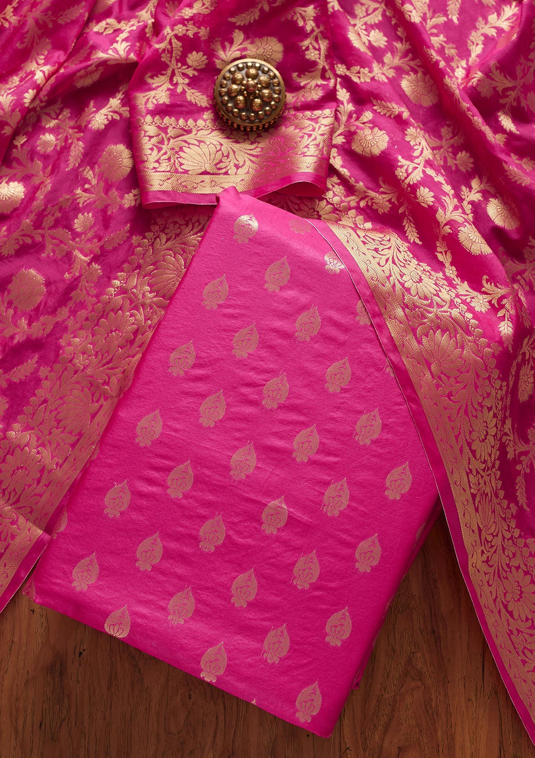Rani Pink Zariwork Banarasi Designer Unstitched Salwar Suit - koskii