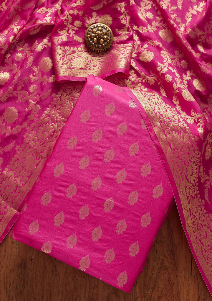 Rani Pink Zariwork Banarasi Designer Unstitched Salwar Suit - koskii
