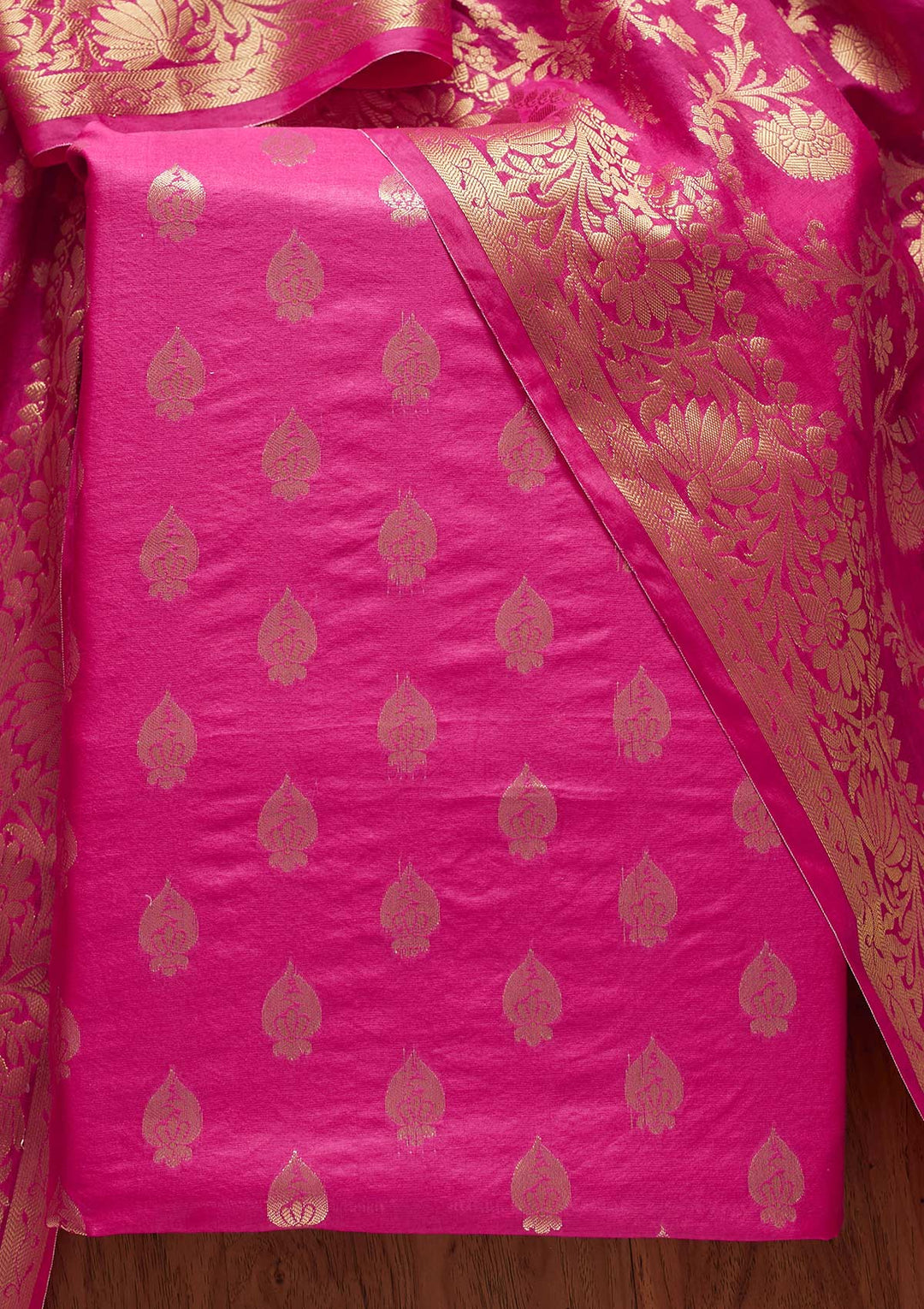 Rani Pink Zariwork Banarasi Designer Unstitched Salwar Suit - koskii
