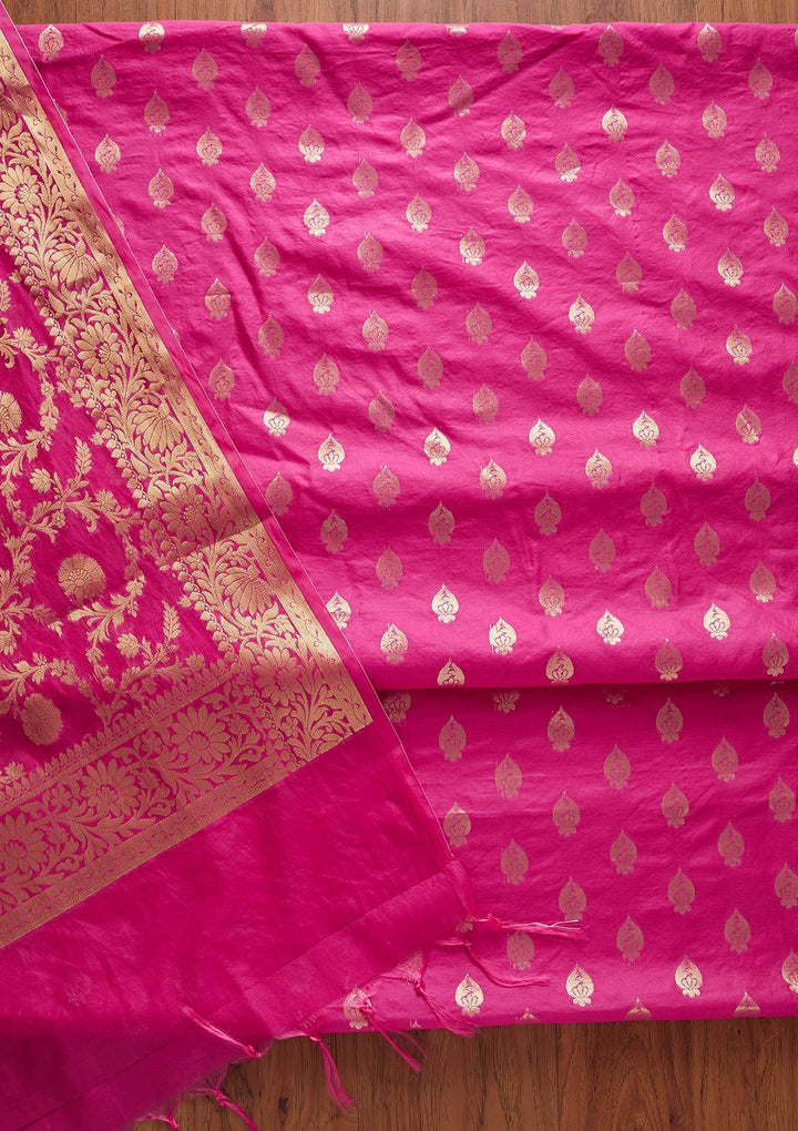Rani Pink Zariwork Banarasi Designer Unstitched Salwar Suit - koskii
