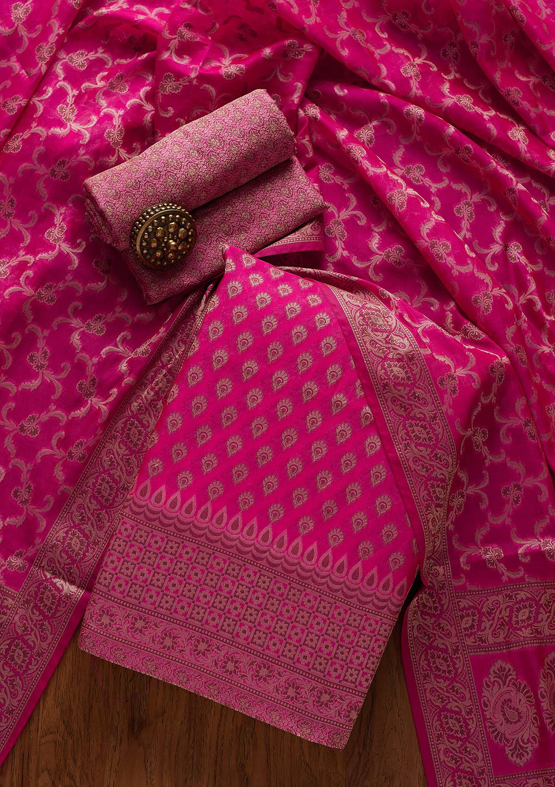 Rani Pink Zariwork Banarasi Designer Unstitched Salwar Suit - koskii