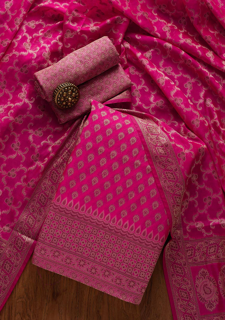 Rani Pink Zariwork Banarasi Designer Unstitched Salwar Suit - koskii