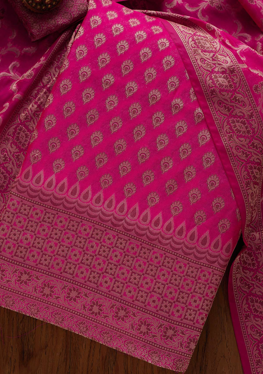 Rani Pink Zariwork Banarasi Designer Unstitched Salwar Suit - koskii