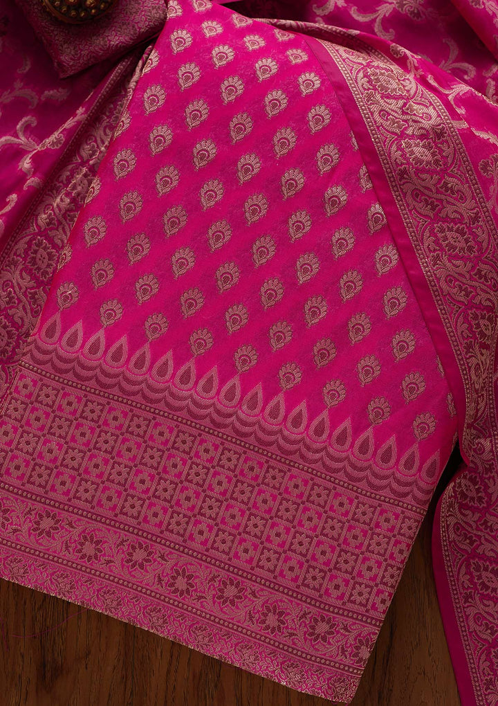 Rani Pink Zariwork Banarasi Designer Unstitched Salwar Suit - koskii