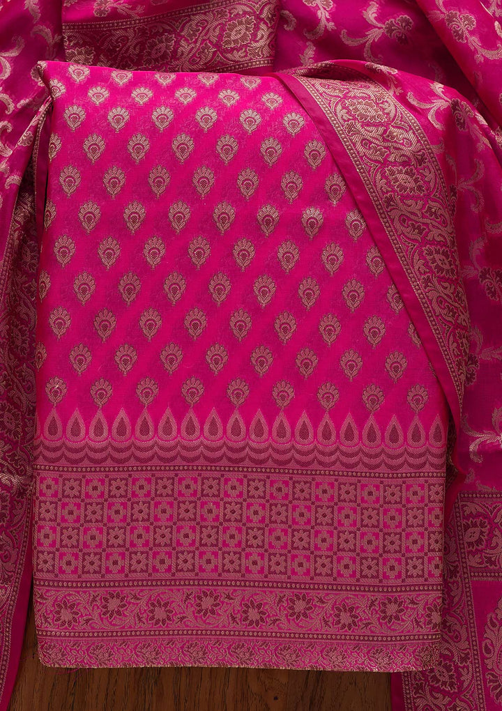 Rani Pink Zariwork Banarasi Designer Unstitched Salwar Suit - koskii