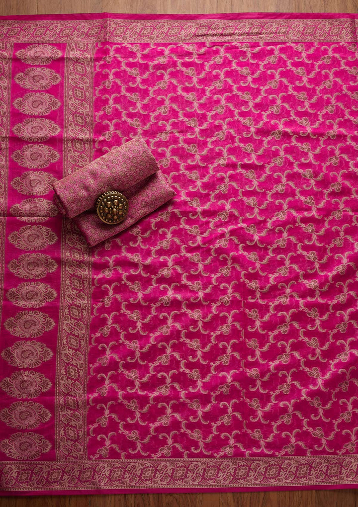 Rani Pink Zariwork Banarasi Designer Unstitched Salwar Suit - koskii
