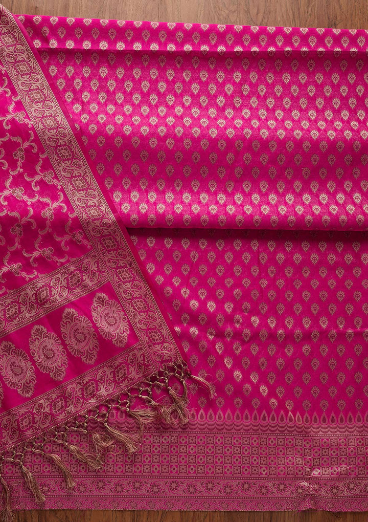 Rani Pink Zariwork Banarasi Designer Unstitched Salwar Suit - koskii