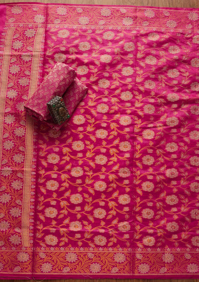 Rani Pink Zariwork Banarasi Designer Unstitched Salwar Suit - koskii