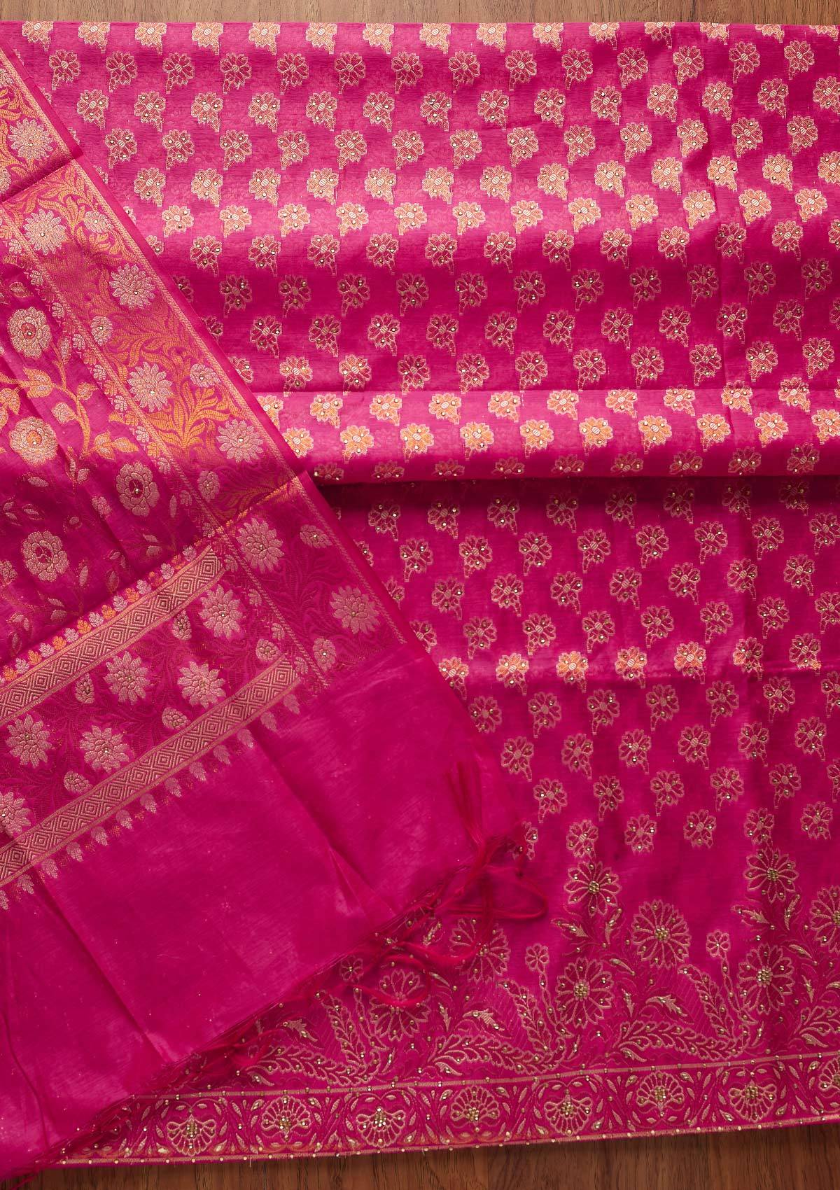 Rani Pink Zariwork Banarasi Designer Unstitched Salwar Suit - koskii