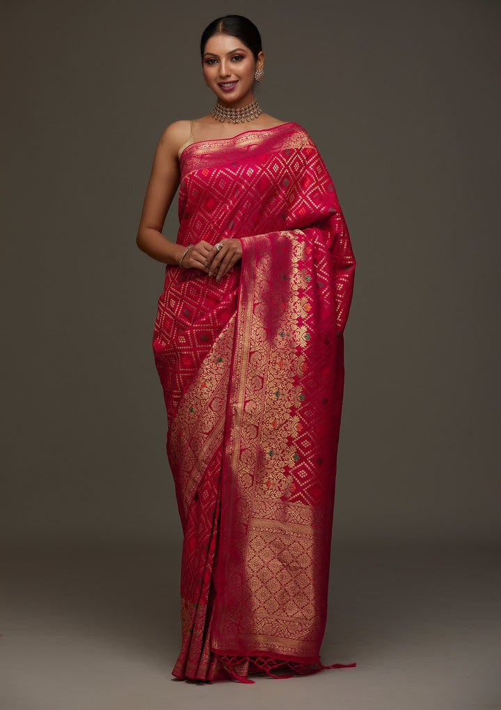 Rani Pink Zariwork Banarasi Designer Saree- Koskii