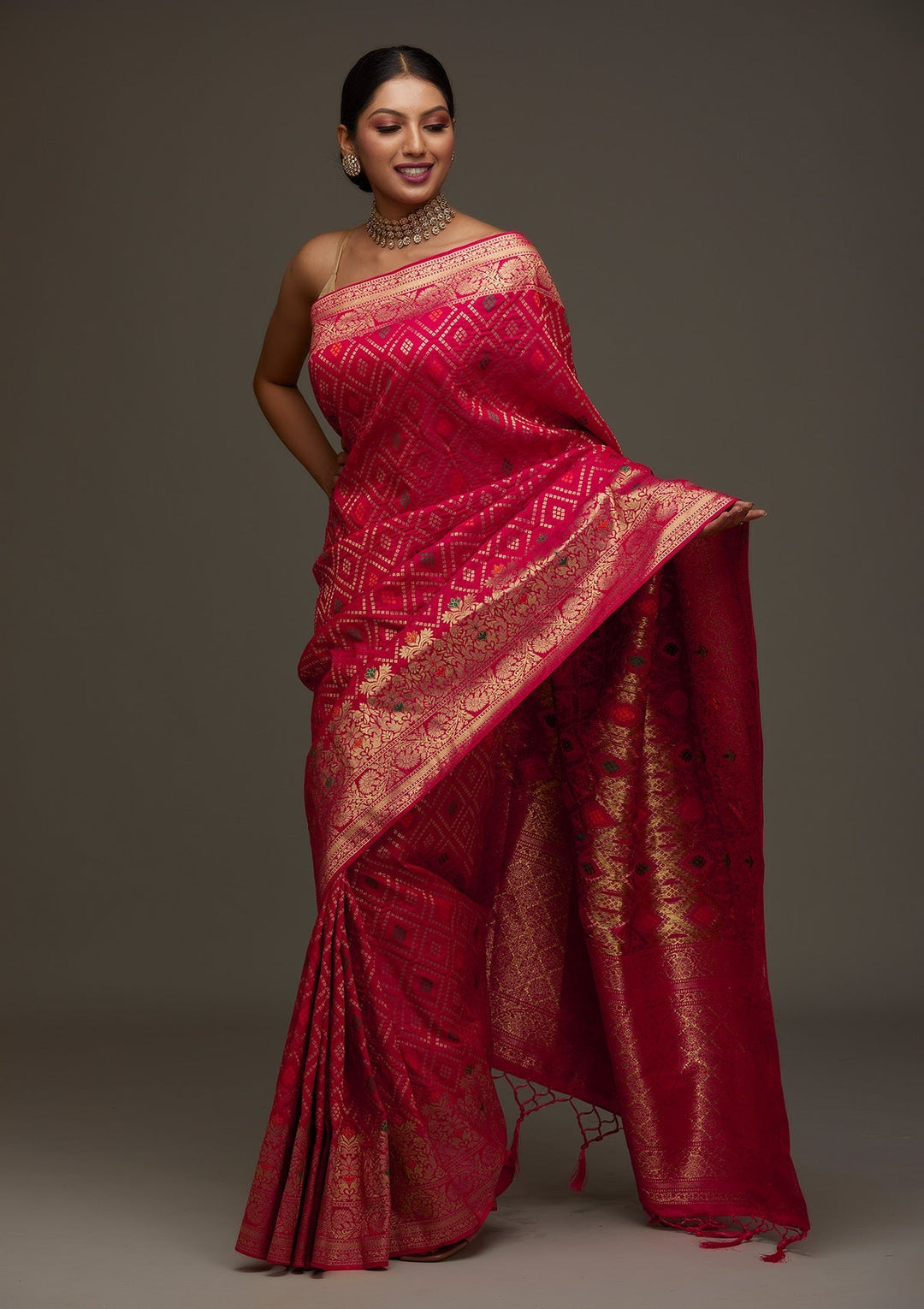 Rani Pink Zariwork Banarasi Designer Saree - Koskii