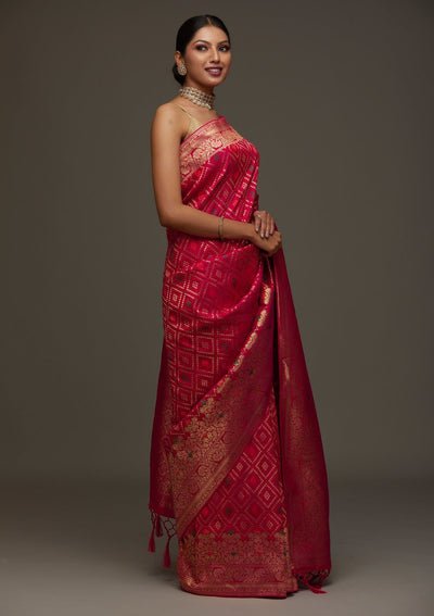 Rani Pink Zariwork Banarasi Designer Saree - Koskii