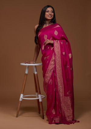 Jaanvi Fashion Women's Banarasi Silk Sarees with Zari & Unstitched Blouse  Piece, Maroon, One Size