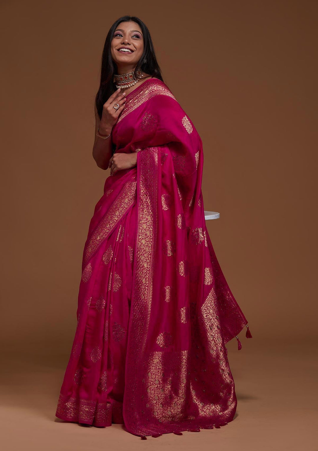 Rani Pink Zariwork Banarasi Saree-Koskii