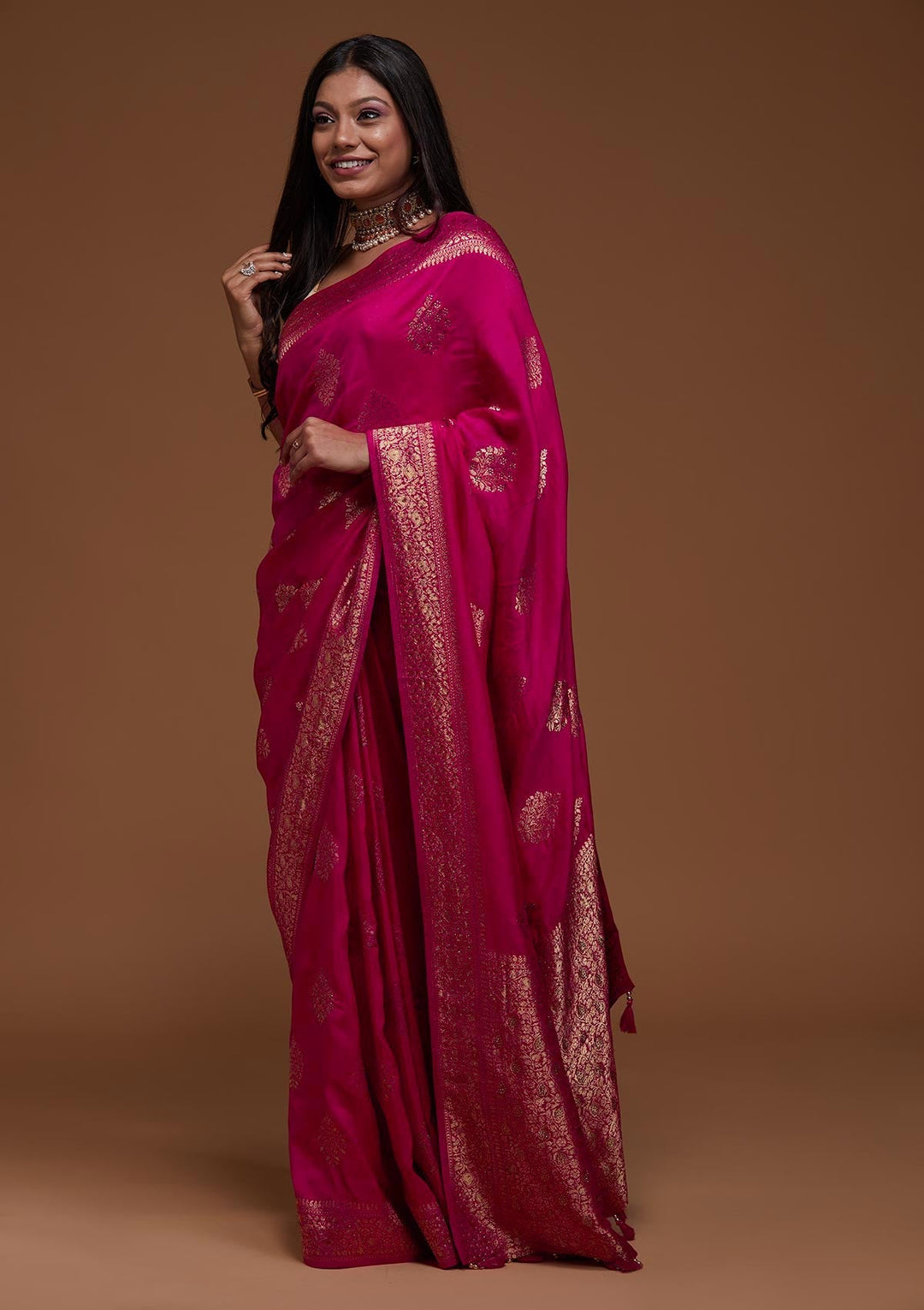 Rani Pink Zariwork Banarasi Saree-Koskii