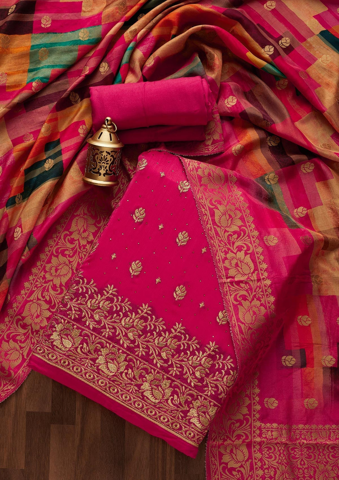 Rani Pink Zariwork Chanderi Designer Unstitched Salwar Suit - Koskii