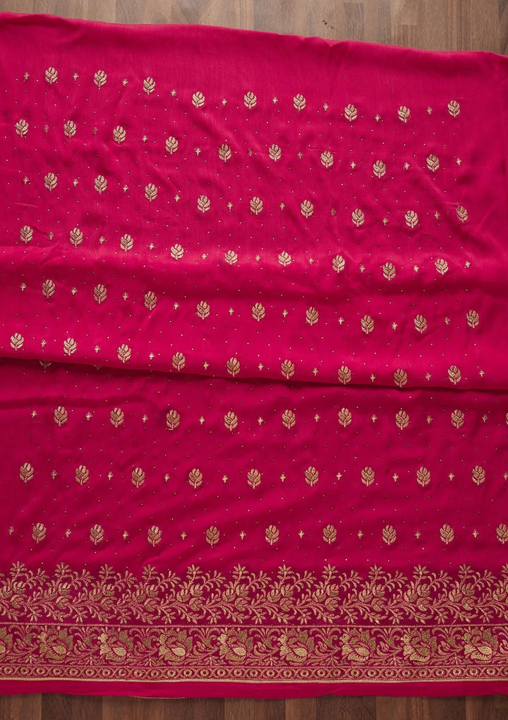 Rani Pink Zariwork Chanderi Designer Unstitched Salwar Suit - Koskii