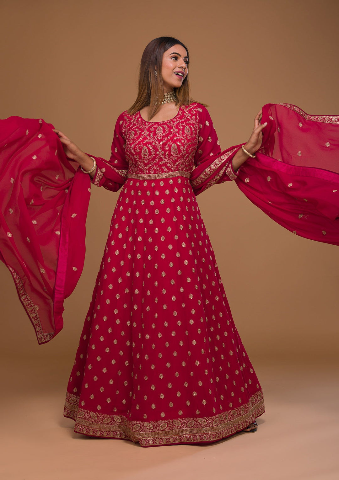 Rani Pink Zariwork Georgette Designer Salwar Suit-Koskii