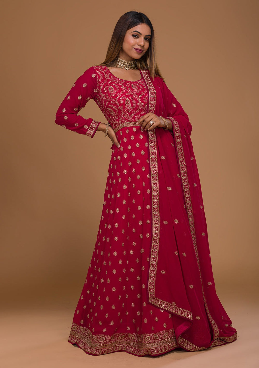 Rani Pink Zariwork Georgette Designer Salwar Suit-Koskii