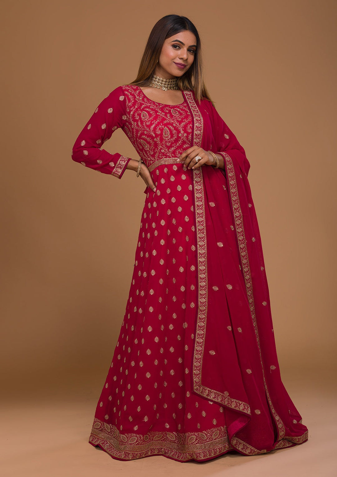 Rani Pink Zariwork Georgette Designer Salwar Suit-Koskii