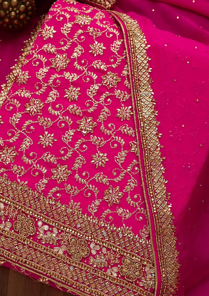 Rani Pink Zariwork Georgette Unstitched Salwar Suit - Koskii