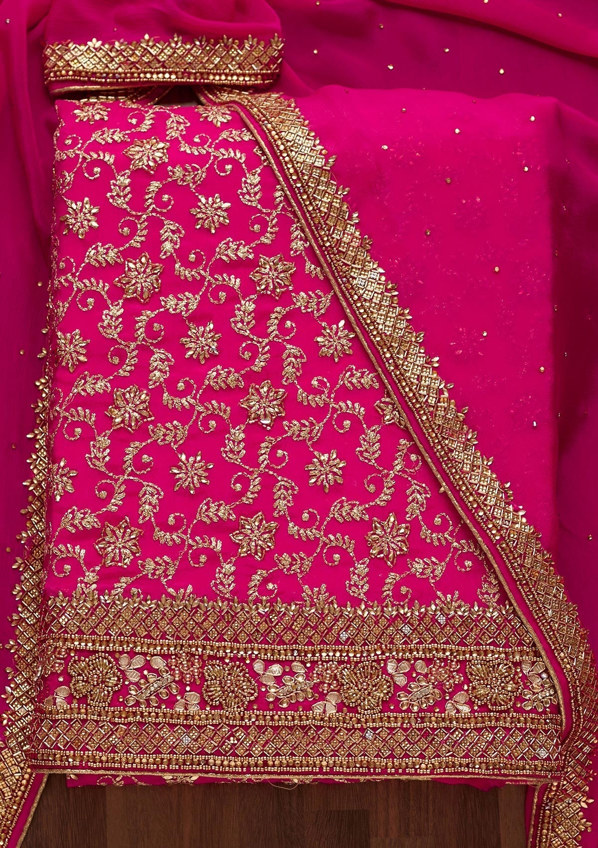 Rani Pink Zariwork Georgette Unstitched Salwar Suit - Koskii
