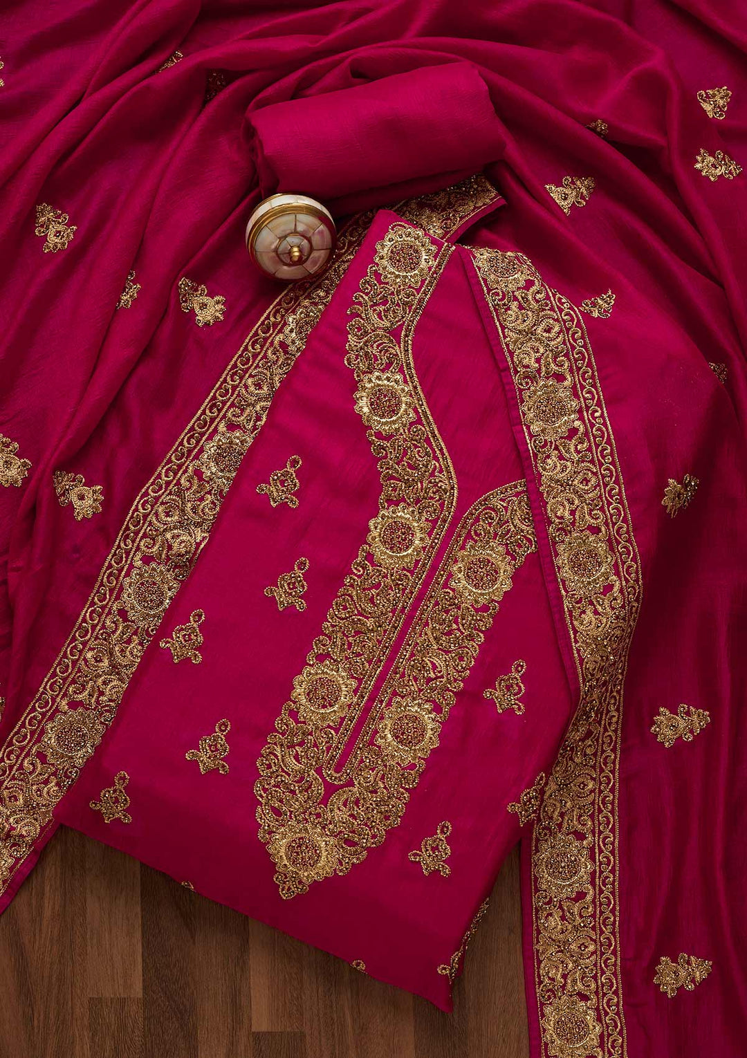 Rani Pink Zariwork Georgette Unstitched Salwar Suit-Koskii