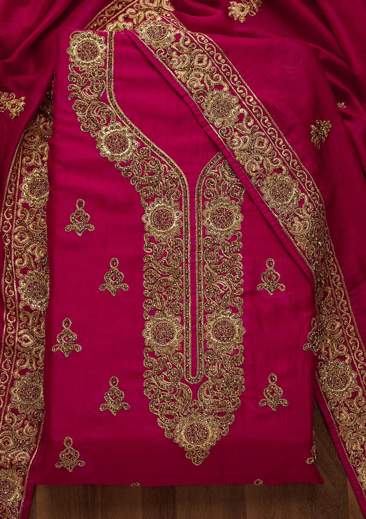 Rani Pink Zariwork Georgette Unstitched Salwar Suit-Koskii