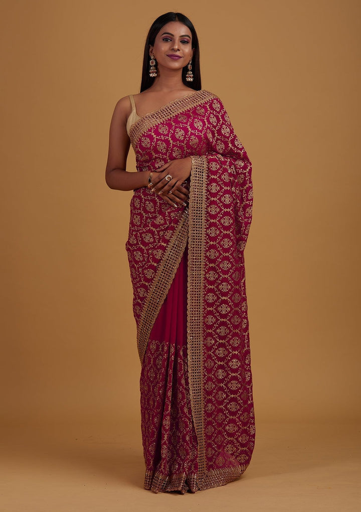 Rani Pink Zariwork Georgette Designer Saree - Koskii