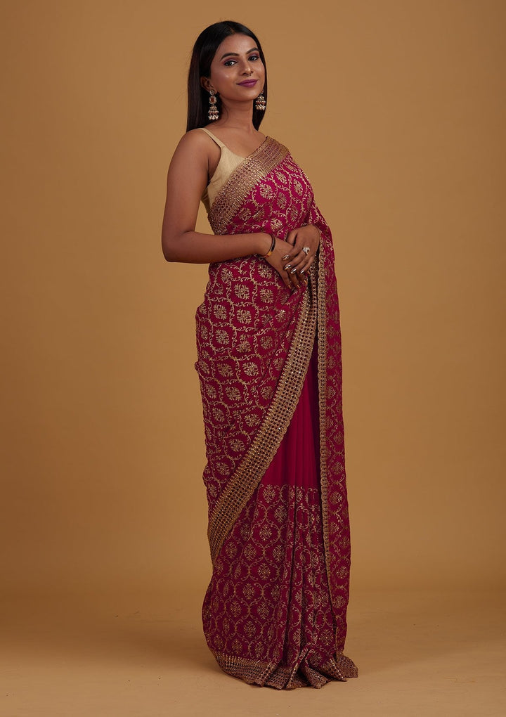 Rani Pink Zariwork Georgette Designer Saree - Koskii