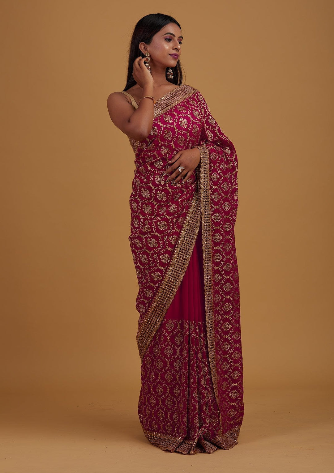 Rani Pink Zariwork Georgette Designer Saree - Koskii