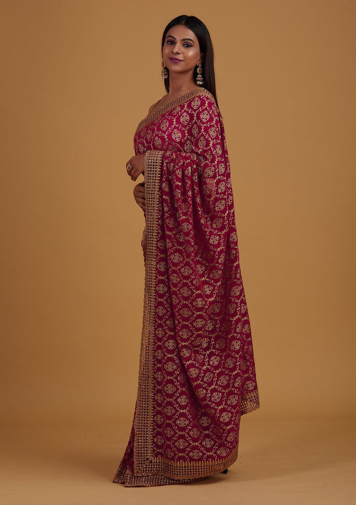 Rani Pink Zariwork Georgette Designer Saree - Koskii