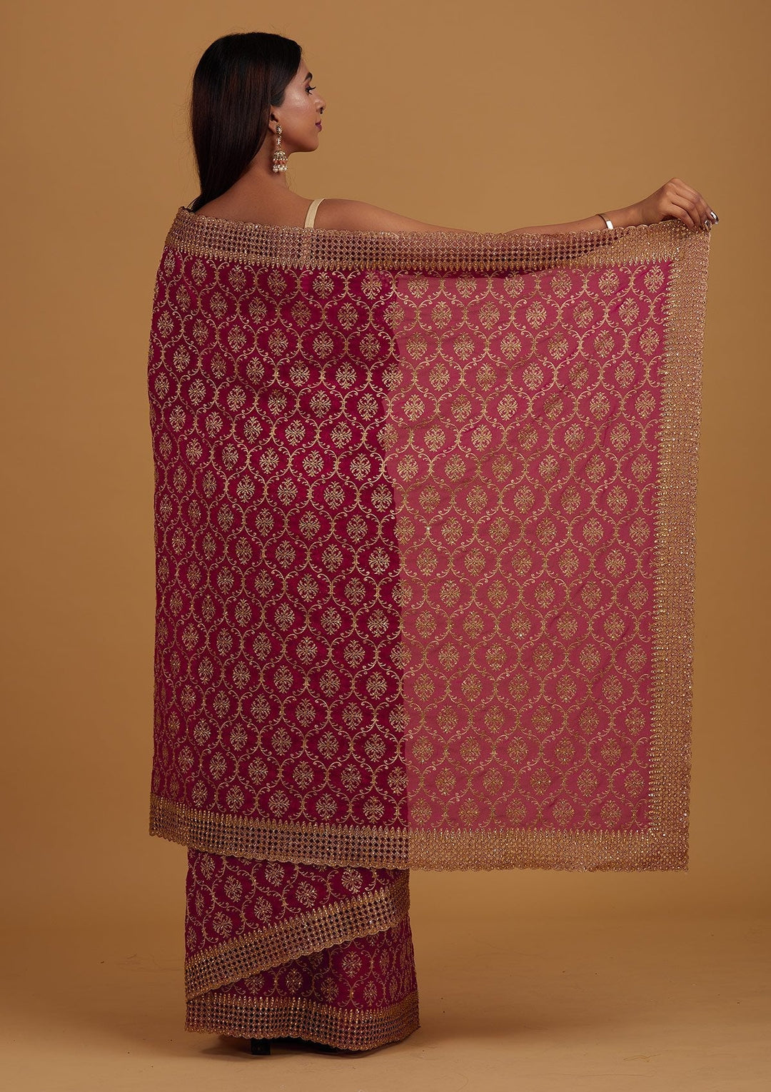 Rani Pink Zariwork Georgette Designer Saree - Koskii