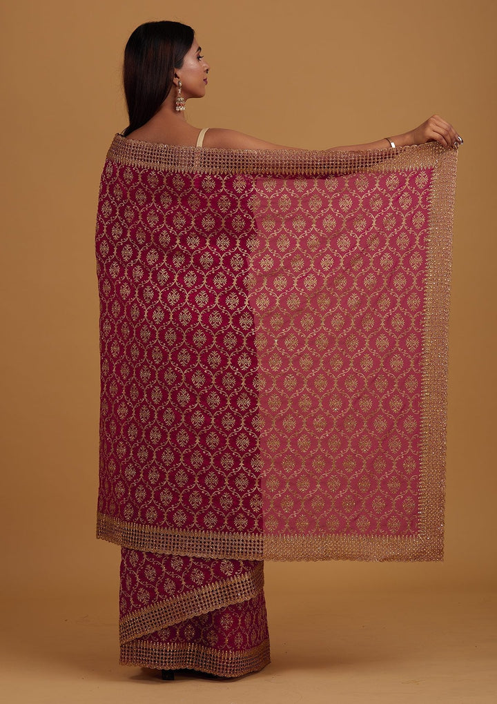 Rani Pink Zariwork Georgette Designer Saree - Koskii