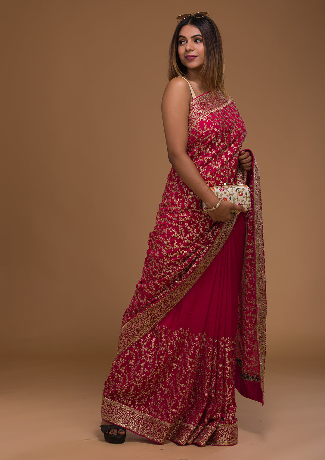 Rani Pink Zariwork Georgette Designer Saree-Koskii