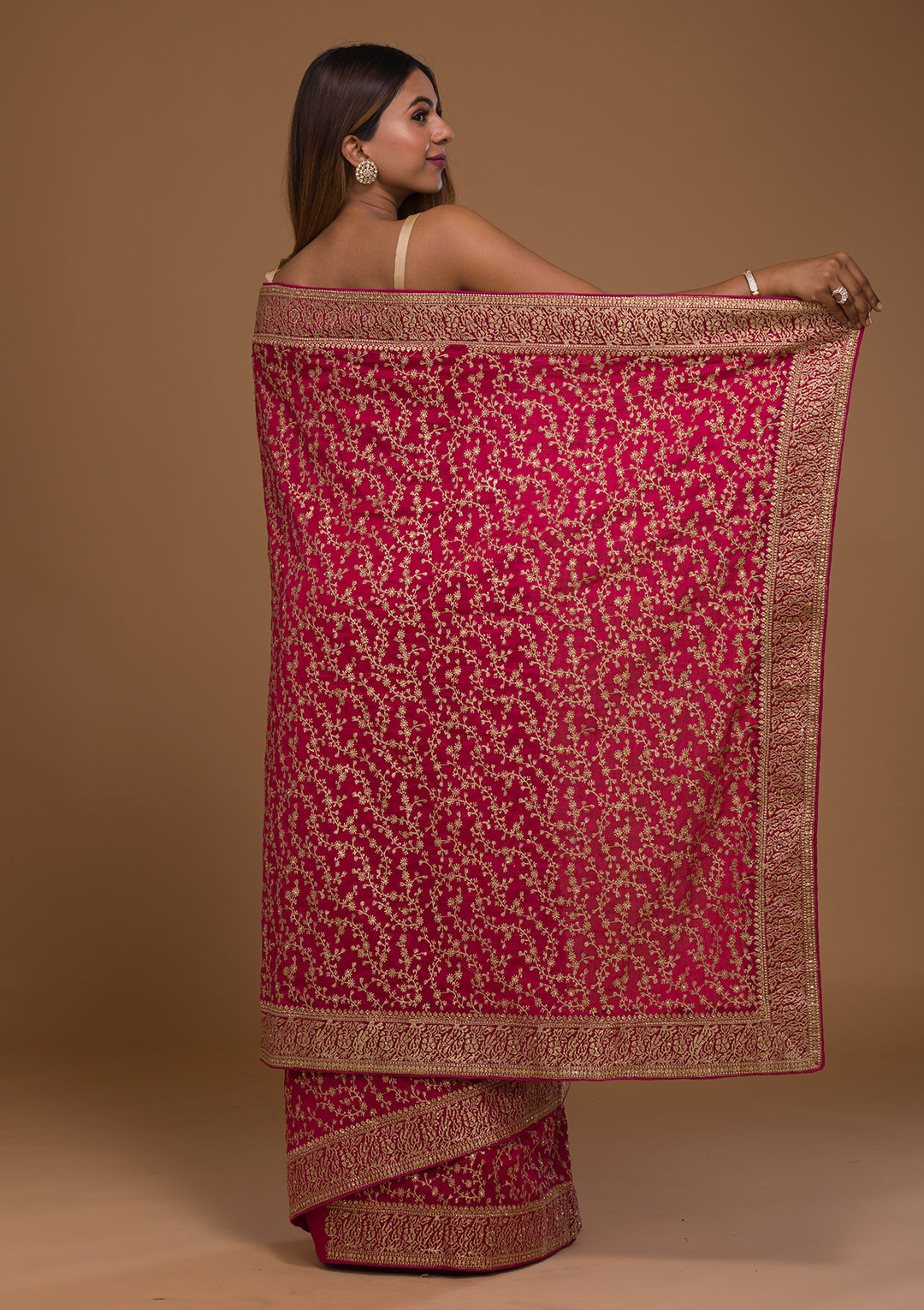 Rani Pink Zariwork Georgette Designer Saree-Koskii