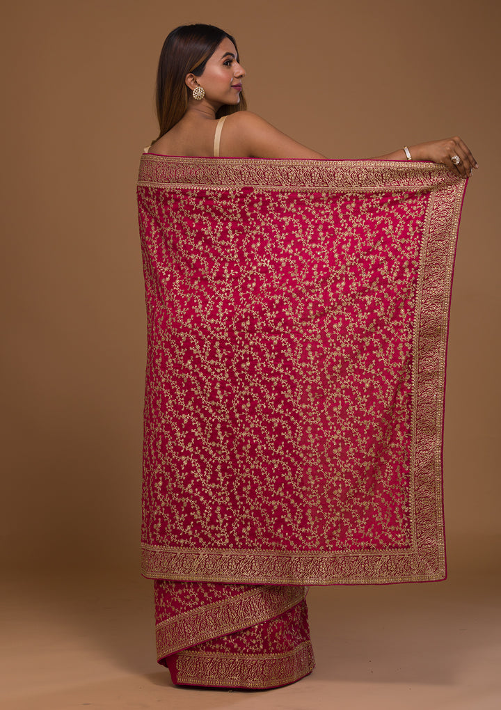 Rani Pink Zariwork Georgette Designer Saree-Koskii