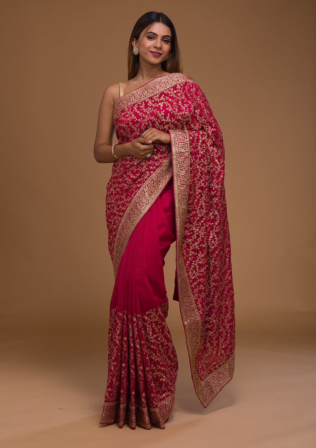 Rani Pink Zariwork Georgette Designer Saree-Koskii